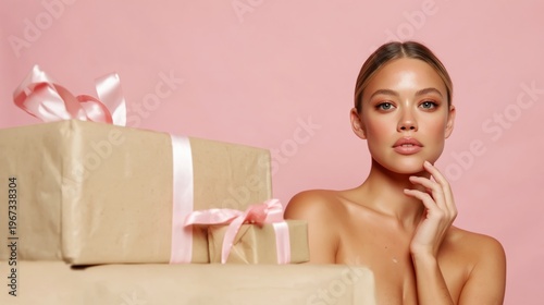 Model Poses With Gift Boxes in a Studio With Pink Background During a Photosh...