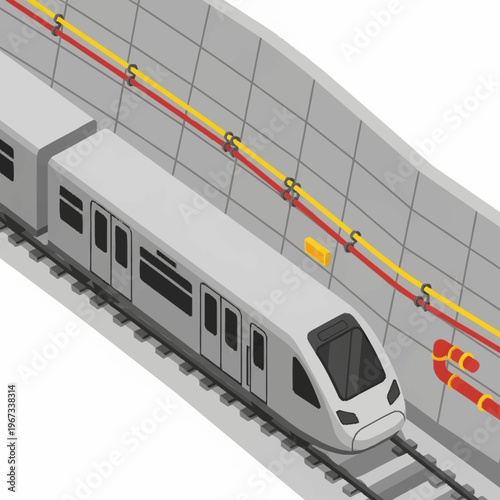 Isometric Subway Train in Tunnel Illustration.