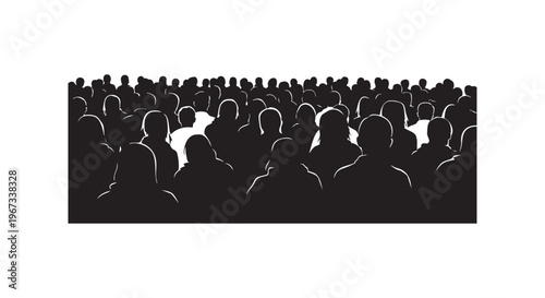 A crowd of people in black silhouettes facing forward in a rectangular frame isolated on transparent background