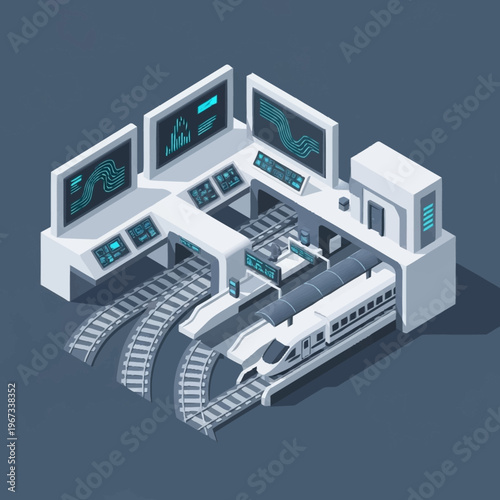 Isometric High-Speed Train Control Room with Advanced Technology.