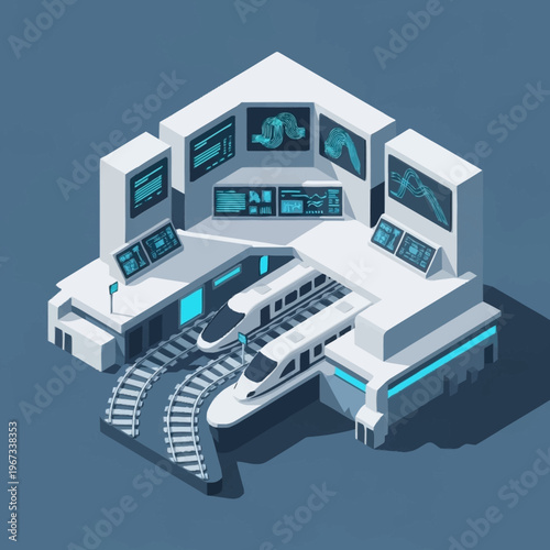 Isometric View of a Futuristic Train Station Control Center.