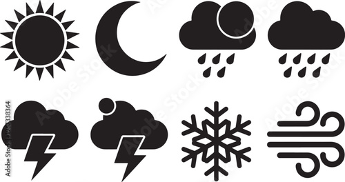 Weather icons set sun moon clouds rain storm snow and wind