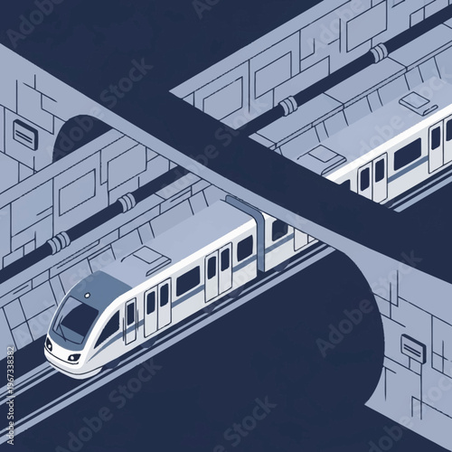 Isometric Subway Train Illustration in Tunnel.