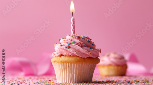 Sweet Cupcake With Pink Frosting and a Candle on a Pink Background for a Cele...