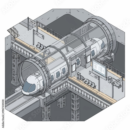 Futuristic Train Station Concept with Transparent Tube and High-Speed Train.