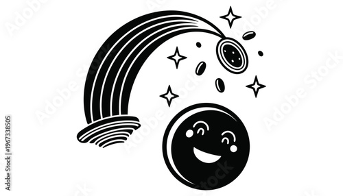 A smiling moon icon with a rainbow and stars in black silhouette