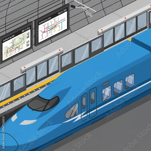 High-Speed Train at Station Platform with Route Maps.