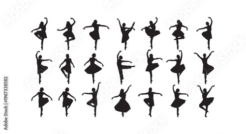 Silhouette of multiple ballet dancers in different dance poses on white background isolated on transparent background