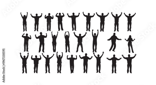 A group of people with their arms raised in celebration on white background isolated on transparent background