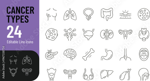 Collection of 24 editable line icons depicting various types of cancer