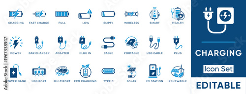 Charging icon set. Containing battery, power, adapter, wireless, cable, plug, ev station and more. Solid vector icons collection.