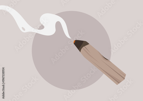 Palo Santo stick rests gracefully, releasing a delicate plume of smoke that fills the air with a calming scent, inviting tranquility and warmth into any room.