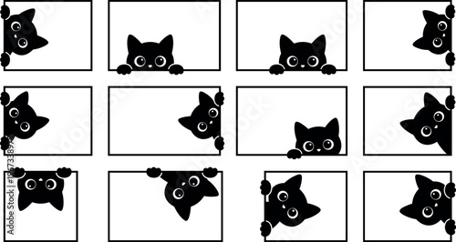 Cute Black Cat Peeking from Frames Collection with Playful Expressions and Kawaii Style for Pet, Animal, and Cartoon Designs