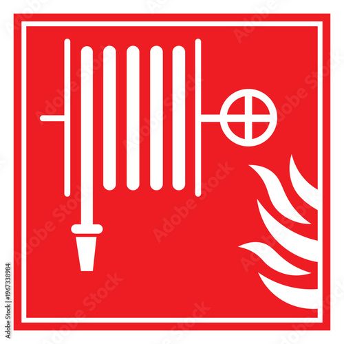 A bright red square sign displays a white fire hose and flame a crucial safety indicator silhouette high quality professional detailed modern elegant