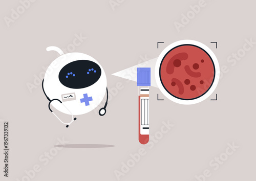 A friendly robot engages in medical screening, carefully examining a test sample, High-tech tools enhance its abilities, promoting better healthcare experiences for patients.
