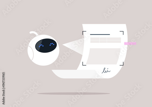 Advanced robot takes center stage, meticulously scanning documents in a modern office setting, showcasing technology's impact on everyday tasks and efficiency