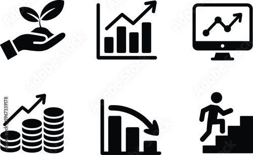 Business finance and growth icons with graphs and charts  symbols for success and progress