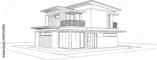 Modern two story house architectural vector illustration featuring contemporary home design with glass windows and flat roof line art