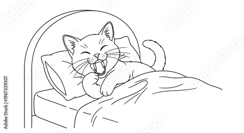 A cute cartoon cat is yawning widely while lying in a cozy bed, covered by a blanket, with its eyes closed and a happy expression.