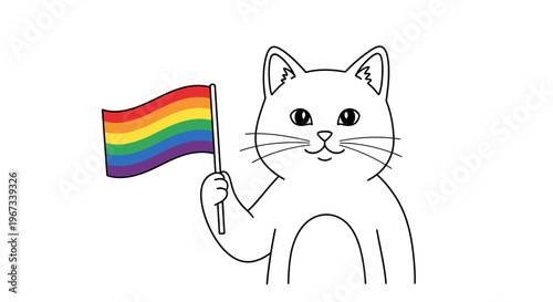 A cute white cat proudly holds a rainbow pride flag, symbolizing support and inclusivity.
