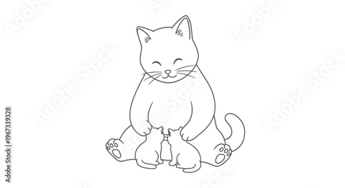 A heartwarming line drawing depicts a mother cat tenderly nursing her two kittens, capturing a moment of maternal love and care.