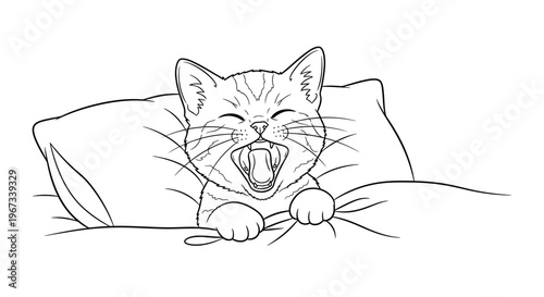 A cute kitten yawning widely while resting on a soft pillow, captured in a detailed line drawing.
