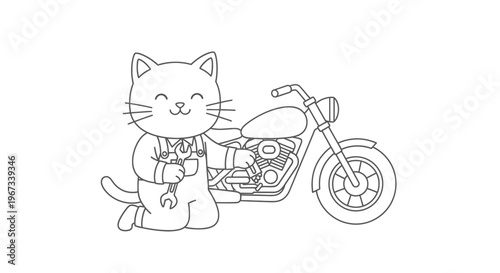 A cute cartoon cat dressed as a mechanic, holding a wrench and working on a motorcycle.