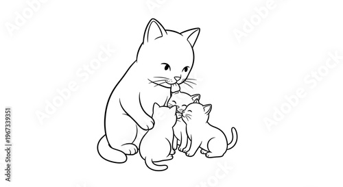A heartwarming line art illustration of a mother cat tenderly nuzzling her three adorable kittens, capturing a moment of maternal love and feline family bonding.