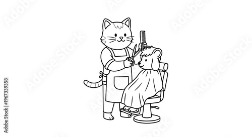 A cute cartoon cat wearing an apron and holding scissors is giving a dog a haircut in a salon chair.