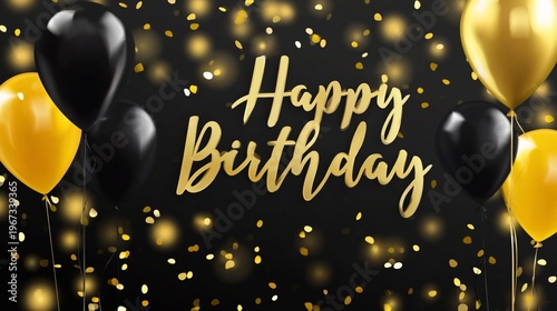 Happy Birthday Celebration With Balloons and Confetti in Black and Gold Color...
