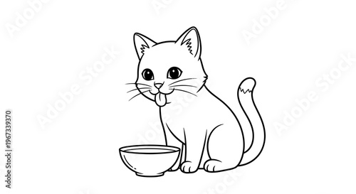 A cute cartoon kitten sitting next to a bowl, with its tongue sticking out playfully.