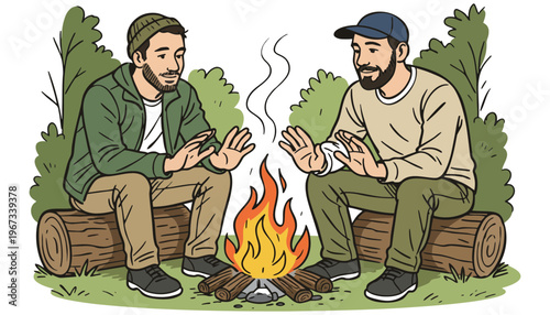 Two men sitting by a campfire in a forest talking animatedly