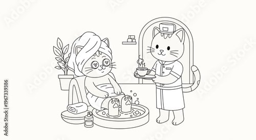 Cute cartoon cats enjoying a relaxing spa day with foot baths and tea service.