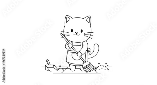 A cute cartoon cat wearing an apron is diligently sweeping a floor with a broom, collecting dust and debris into a pile.