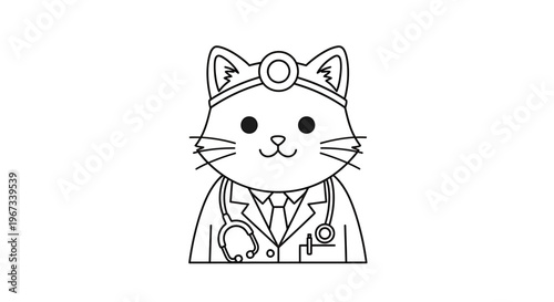 A charming black and white line drawing of a cute cat dressed as a doctor, complete with a stethoscope and a medical head mirror.