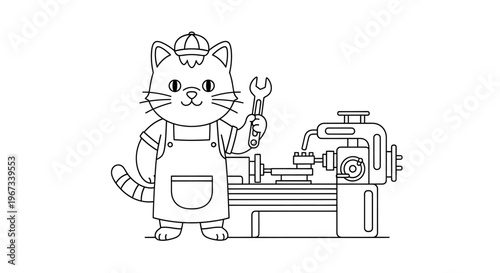 A cute cartoon cat wearing overalls and a cap, holding a wrench, standing next to a metal lathe machine.