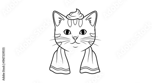 A black and white line drawing of a cute cat wearing a towel around its neck and a dollop of cream on its head.