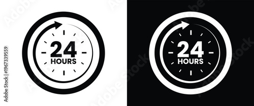 A contrasting pair of circular clock icons depicting twenty four hours showcasing a distinct black silhouette high quality professional detailed modern elegant stylish