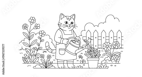 A charming black and white line drawing of a cat wearing an apron, watering a potted plant in a garden with a picket fence in the background.