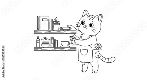 A cute cartoon cat wearing an apron is tidying up a bookshelf, organizing books and a plant.