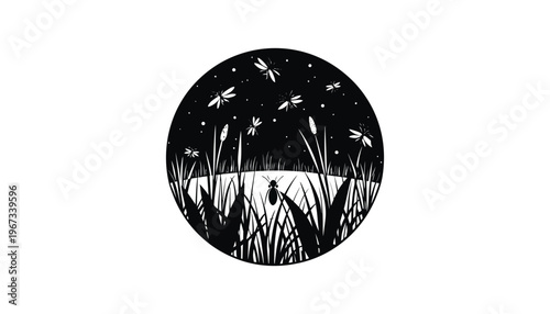 A beetle silhouette illustration in a serene night scene with dragonflies