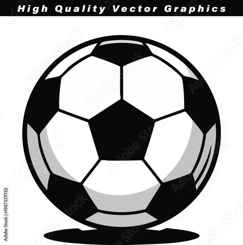 A classic black and white soccer ball with hexagonal and pentagonal panels is depicted with a subtle shadow, representing the universal sport of football.
