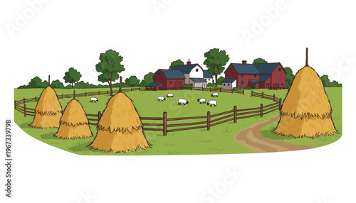 Farm vector illustration with haystacks and sheep in a green field