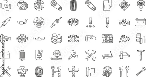 Large collection of car auto spare parts and garage repair tool outline icons including engine brake battery tire and suspension vector illustration