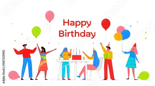 People Celebrate Birthday With Balloons and Cake in a Colorful Setting During...
