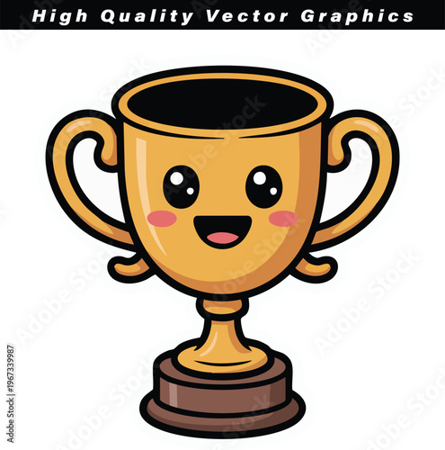 Kawaii golden trophy cup character with a joyful facial expression and rosy cheeks stands proudly, representing success, achievement, and victory on a pure white background.