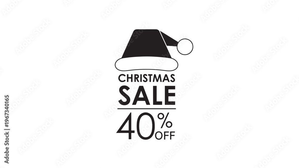 Obraz premium Christmas sale sign with a black Santa hat graphic and 40 percent off text on a white background. featuring discount, promotion, offer with holiday