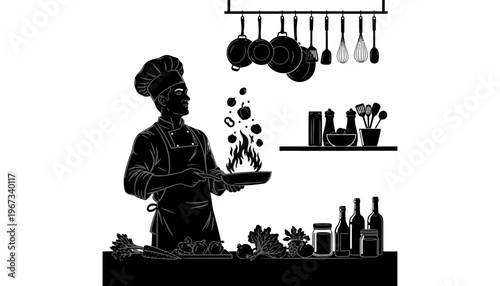 A chef silhouette illustration cooking in a modern kitchen with utensils