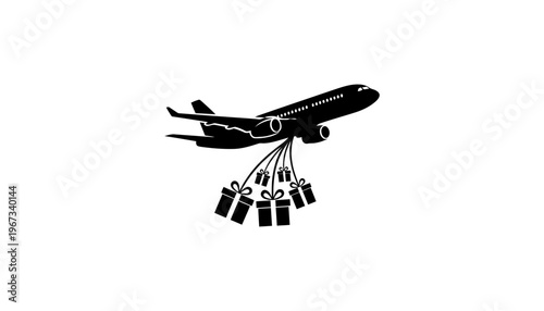 Airplane silhouette dropping gift boxes in a festive delivery scene