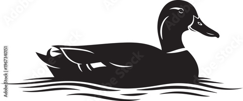 Black silhouette of a duck floating on water white background